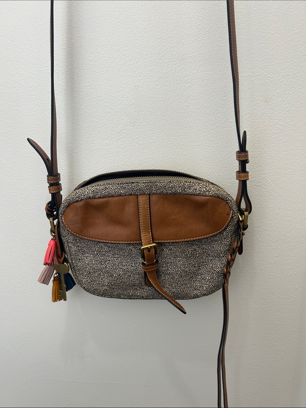 Fossil Brown Leather-Trim Tweed Crossbody with Tassel Accents